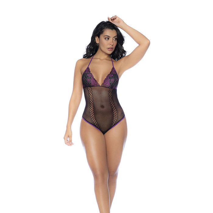 Mapalé Ensemble Body Résille Avec Dentelle Noir Et Violet
