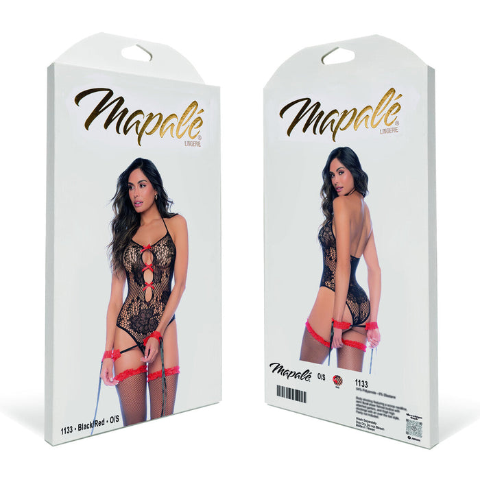 Mapalé Body Résille Fleuri Noir Et Rouge