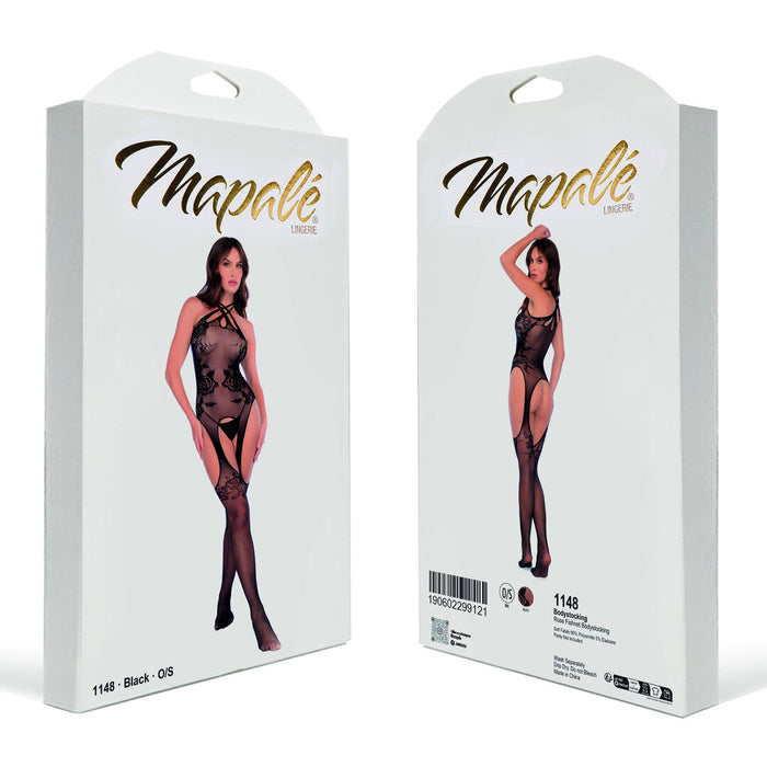 Mapalé Bodystocking Résille Noire Avec Roses