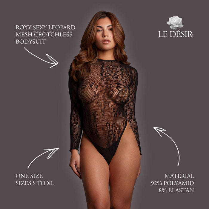 Le Désir Body Noir En Mesh Léopard Ouvert à Manches Longues
