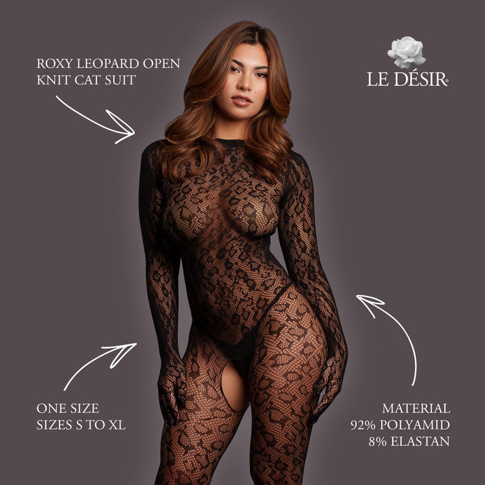 Le Désir Catsuit Léopard Noir Ouvert à l’Entrejambe